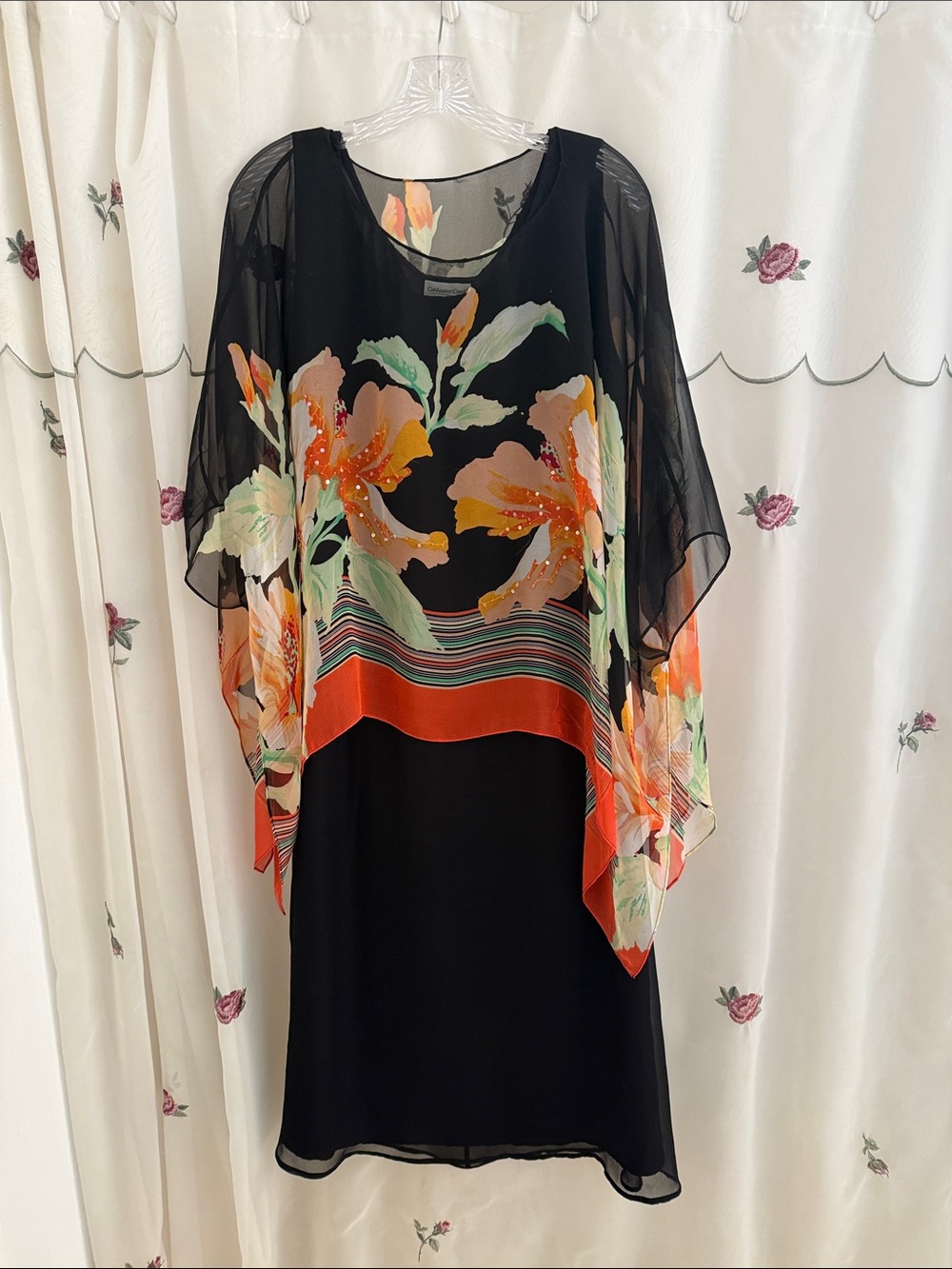 Coldwater Creek 2-Piece Black Lined Dress with Orange & Green Floral Overlay